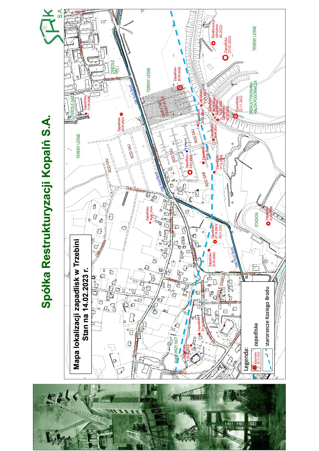 Mapa lokalizacji zapadlisk powstałych do 14 lutego 2023 w dzielnicy Siersza i Nowy Gaj oraz przebiegu dawnego koryta cieku Kozi Bród